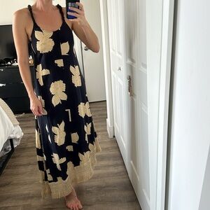 Tennis Floral Black and Cream Dress with Fringe size XS